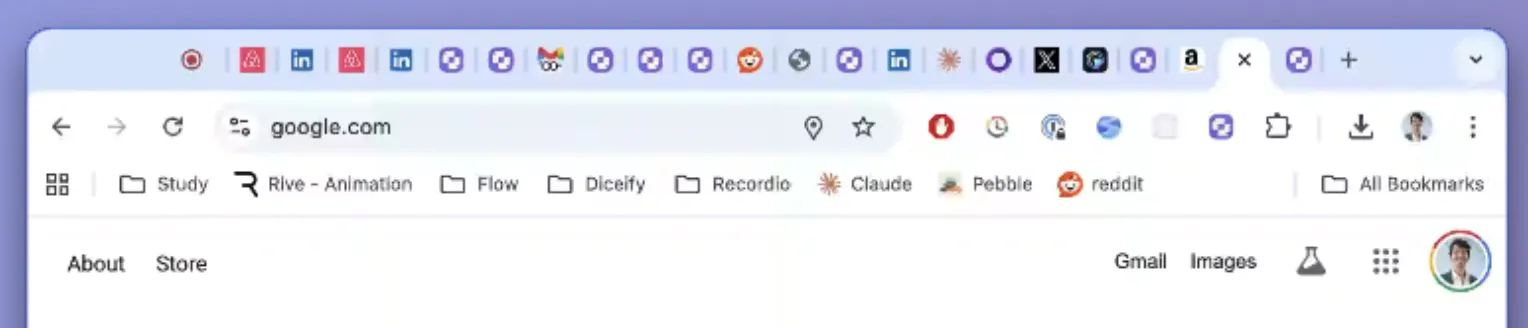 Chrome toolbar before, showing messy bookmarks, tabs, and extensions